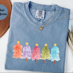 Colorful Christmas Tree Sweatshirt, Pastel Holiday Sweater, Watercolor Xmas Top, Cozy Winter Gift, Festive Comfort Colors Crewneck