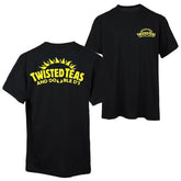 a black t - shirt with a yellow and yellow logo