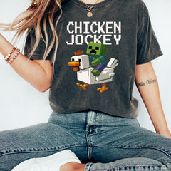 Chicken Jockey Shirt, Hilarious Cotton Gamer Gift, Cartoon Graphic Shirt V3, Quirky Tee for Chicken Lovers Shirt, Minecraft Movie Shirt