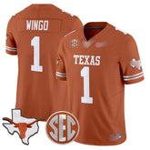 T.Longhorns #1 Ryan Wingo 2025 State Map & SEC Patch Fan Jersey