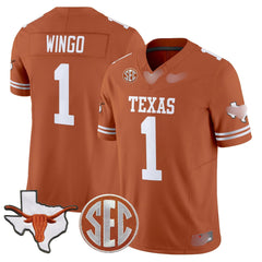 T.Longhorns #1 Ryan Wingo 2025 State Map & SEC Patch Fan Jersey