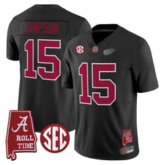 A. Crimson Tide #15 Ty Simpson 2025 Roll Tide & Sec Patch Fan Jersey - Black