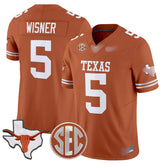 T.Longhorns #5 Quintrevion Wisner 2025 State Map & SEC Patch Fan Jersey