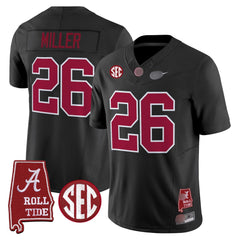 A. Crimson Tide #26 Jam Miller 2025 Roll Tide & Sec Patch Fan Jersey - Black