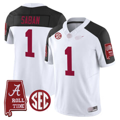 A. Crimson Tide #1 Nick Saban 2025 Roll Tide & Sec Patch Fan Jersey - Inverted