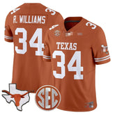T.Longhorns #34 Ricky Williams 2025 State Map & SEC Patch Fan Jersey