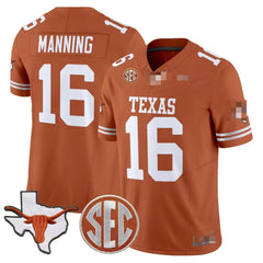 T.Longhorns #16 Arch Manning 2025 State Map & SEC Patch Fan Jersey