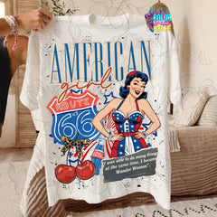 American Girl Route 66 Shirt | Retro Pinup Comfort Colors Tee | Patriotic USA Summer Shirt