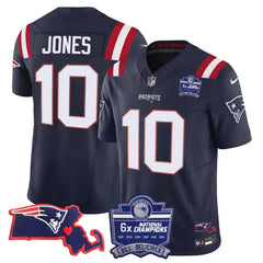 N.E Patriots #10 Mac Jones Bill Belichick 6x Champions & State Patch Fan Jersey