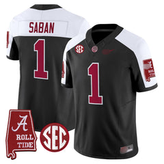 A. Crimson Tide #1 Nick Saban 2025 Roll Tide & Sec Patch Fan Jersey - Black Alternate