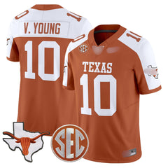 T.Longhorns #10 Vince Young 2025 State Map & SEC Patch Fan Jersey