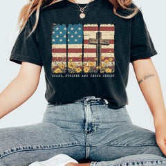 Christian Patriotic T-Shirt,American Flag and Cross Tee, One Nation Under God Shirt, Religious Shirt,Patriotic Red White And Blue Crewneck