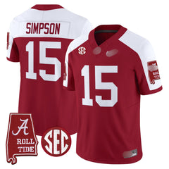 A. Crimson Tide #15 Ty Simpson 2025 Roll Tide & Sec Patch Fan Jersey - Crimson Alternate