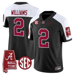 A. Crimson Tide #2 Ryan Williams 2025 Roll Tide & Sec Patch Fan Jersey - Black Alternate
