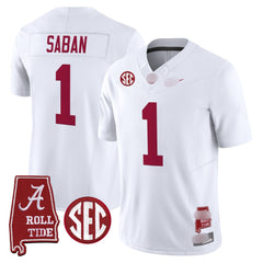A. Crimson Tide #1 Nick Saban 2025 Roll Tide & Sec Patch Fan Jersey - White