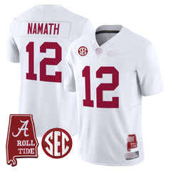 A. Crimson Tide #12 Joe Namath 2025 Roll Tide & Sec Patch Fan Jersey - White