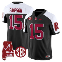 A. Crimson Tide #15 Ty Simpson 2025 Roll Tide & Sec Patch Fan Jersey - Black Alternate