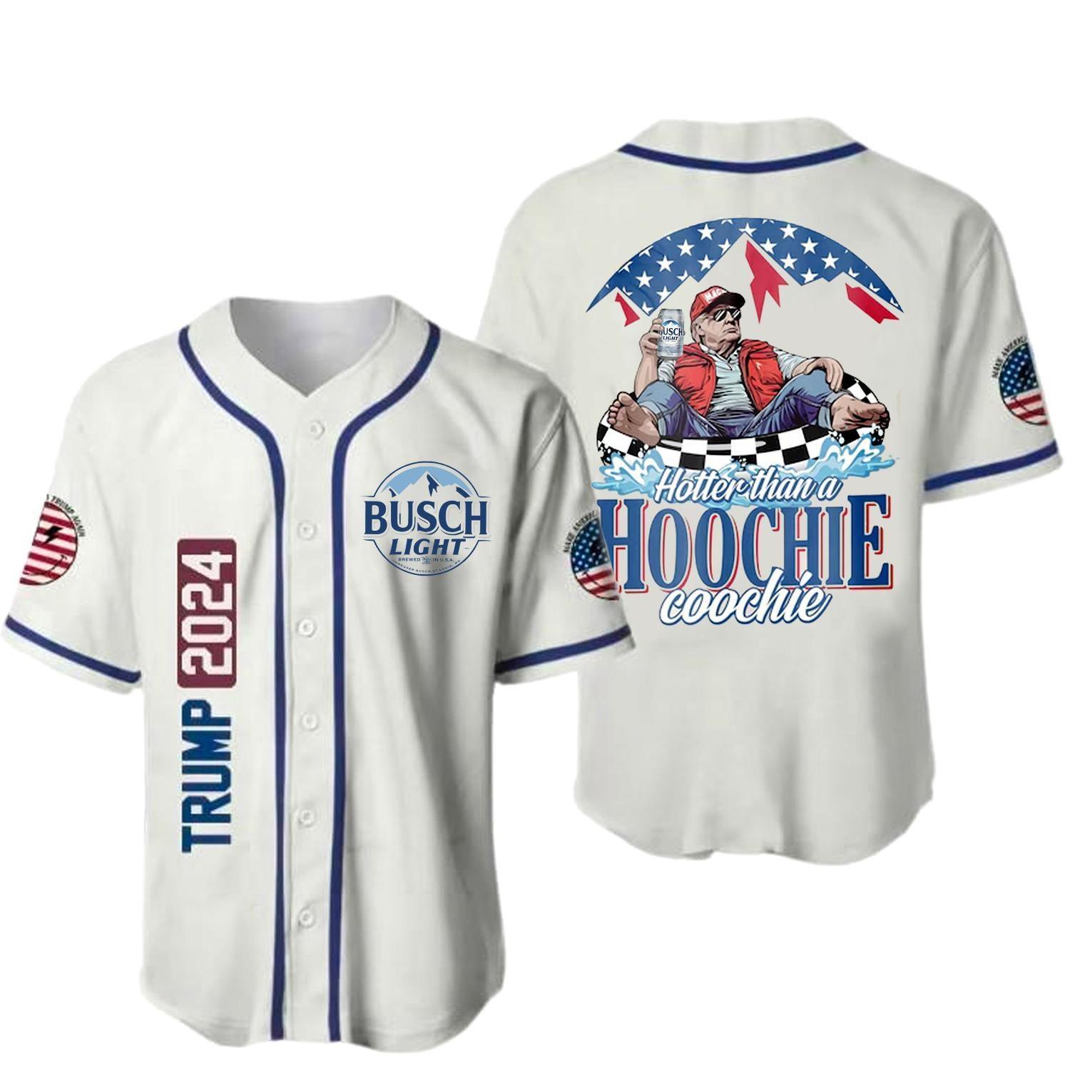 Trump Busch Light America Flag Baseball Jersey, Hotter Than A Hoochie Coochie Trump Baseball Jersey, USA Summer Jersey For Men And Women - Shirt King
