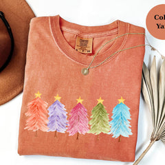 Colorful Christmas Tree Sweatshirt, Pastel Holiday Sweater, Watercolor Xmas Top, Cozy Winter Gift, Festive Comfort Colors Crewneck