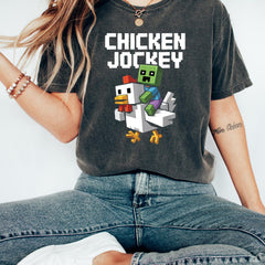 Chicken Jockey Unisex Hilarious Cotton Tee, Gamer Gift, Cartoon Graphic Shirt V3, Quirky Tee for Chicken Lovers Shirt, Minecraft Movie Shirt