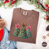 Leopard Bow Christmas Tree Shirt, Cute Christmas Graphic Tee, Holiday Shirt for Women, Festive Tree Tee, Xmas Gift, Winter Outfit Top