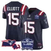 N.E Patriots #15 Ezekiel Elliott Bill Belichick 6x Champions & State Patch Fan Jersey