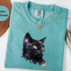 Galaxy Black Cat Shirt � Cosmic Cat Tee � Watercolor Space Cat Top � Gift for Cat Lovers � Comfort Colors Cat Sweatshirt