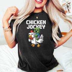 Chicken Jockey Unisex Hilarious Cotton Tee, Gamer Gift, Cartoon Graphic Shirt V3, Quirky Tee for Chicken Lovers Shirt, Minecraft Movie Shirt