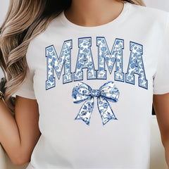 Blue Ribbon Mama Shirt Mothers Day Gift, Chinoiserie Girly Aesthetic Gift For Mom,Retro New Mom Gift,Cute Mom Floral Bow