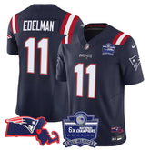 N.E Patriots #11 Julian Edelman Bill Belichick 6x Champions & State Patch Fan Jersey