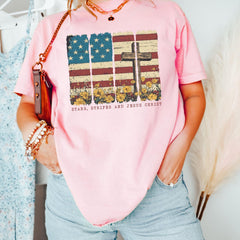 Christian Patriotic T-Shirt,American Flag and Cross Tee, One Nation Under God Shirt, Religious Shirt,Patriotic Red White And Blue Crewneck