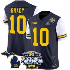 M.Wolverines #10 Tom Brady B1G & 2023 National Champions Patch Fan Jersey