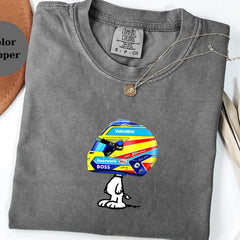 Fernando Alonso Racing Helmet Snoopy Shirt, Funny F1 Fan Crewneck, Cartoon Racer Top, Motorsport Gift, Comfort Colors Unisex Shirt