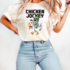 Chicken Jockey Unisex Hilarious Cotton Tee, Gamer Gift, Cartoon Graphic Shirt V3, Quirky Tee for Chicken Lovers Shirt, Minecraft Movie Shirt