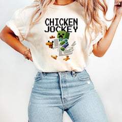 Chicken Jockey Shirt, Hilarious Cotton Gamer Gift, Cartoon Graphic Shirt V3, Quirky Tee for Chicken Lovers Shirt, Minecraft Movie Shirt
