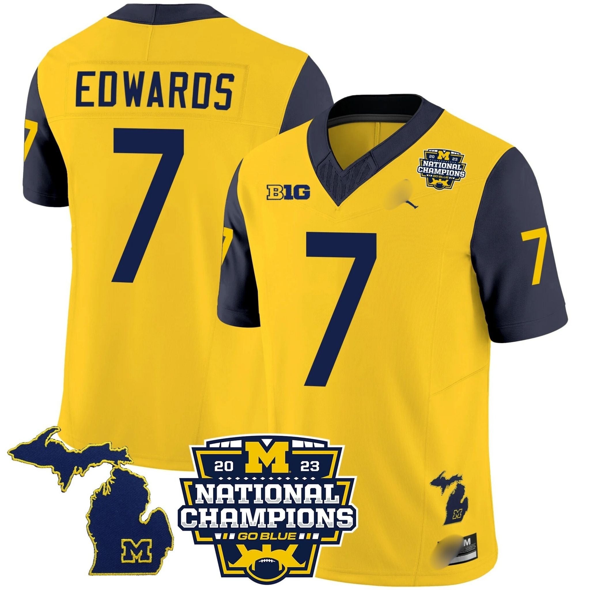 M.Wolverines #7 Donovan Edwards B1G & 2023 National Champions Patch Fan Jersey