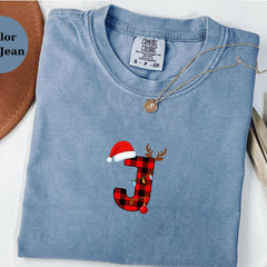 Personalized Christmas Letter Shirt, Custom Initial Holiday Crewneck, Plaid Letter Xmas Shirt, Comfort Colors Unisex Top