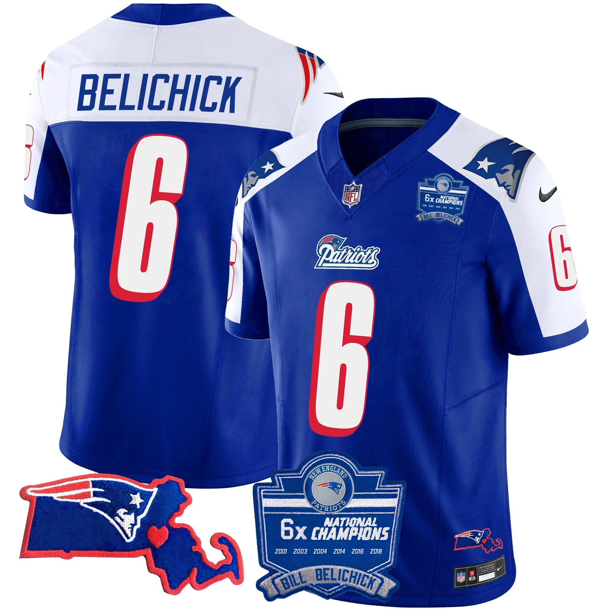 N.E Patriots #6 Bill Belichick Bill Belichick 6x Champions & State Patch Fan Jersey