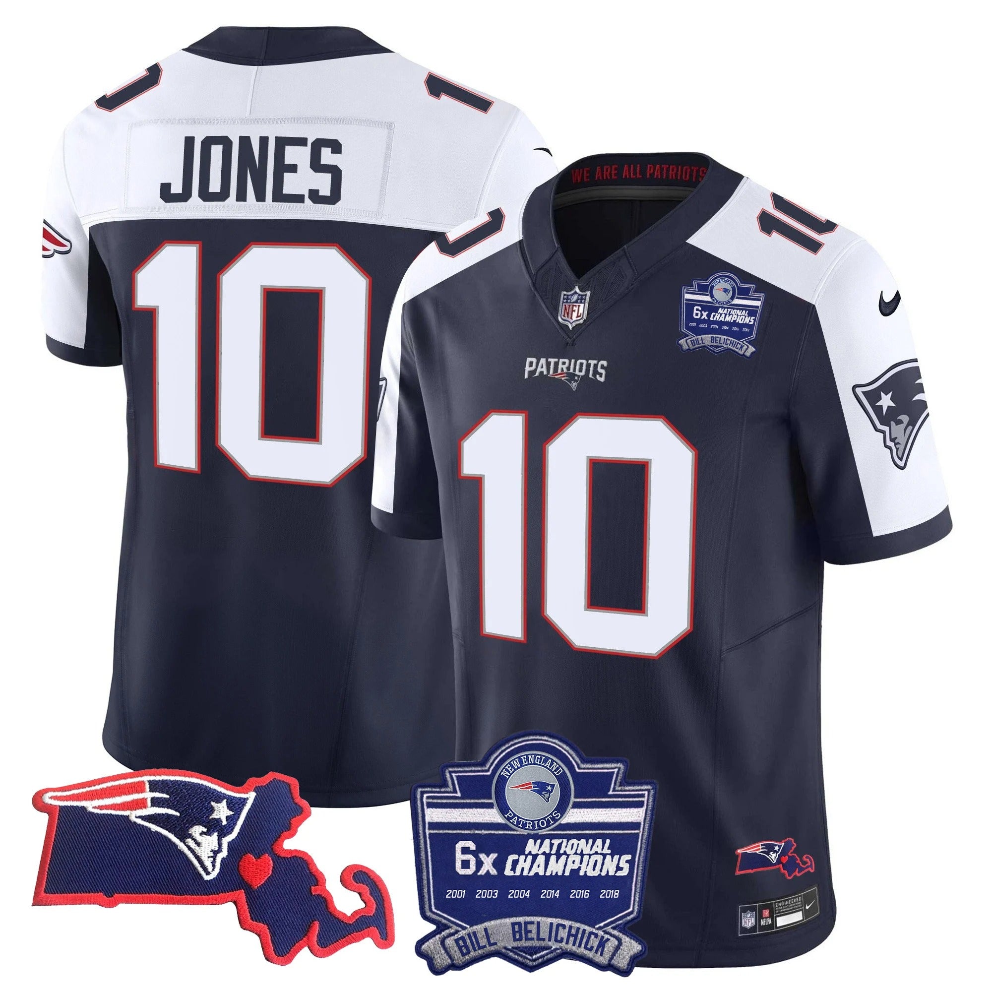 N.E Patriots #10 Mac Jones Bill Belichick 6x Champions & State Patch Fan Jersey