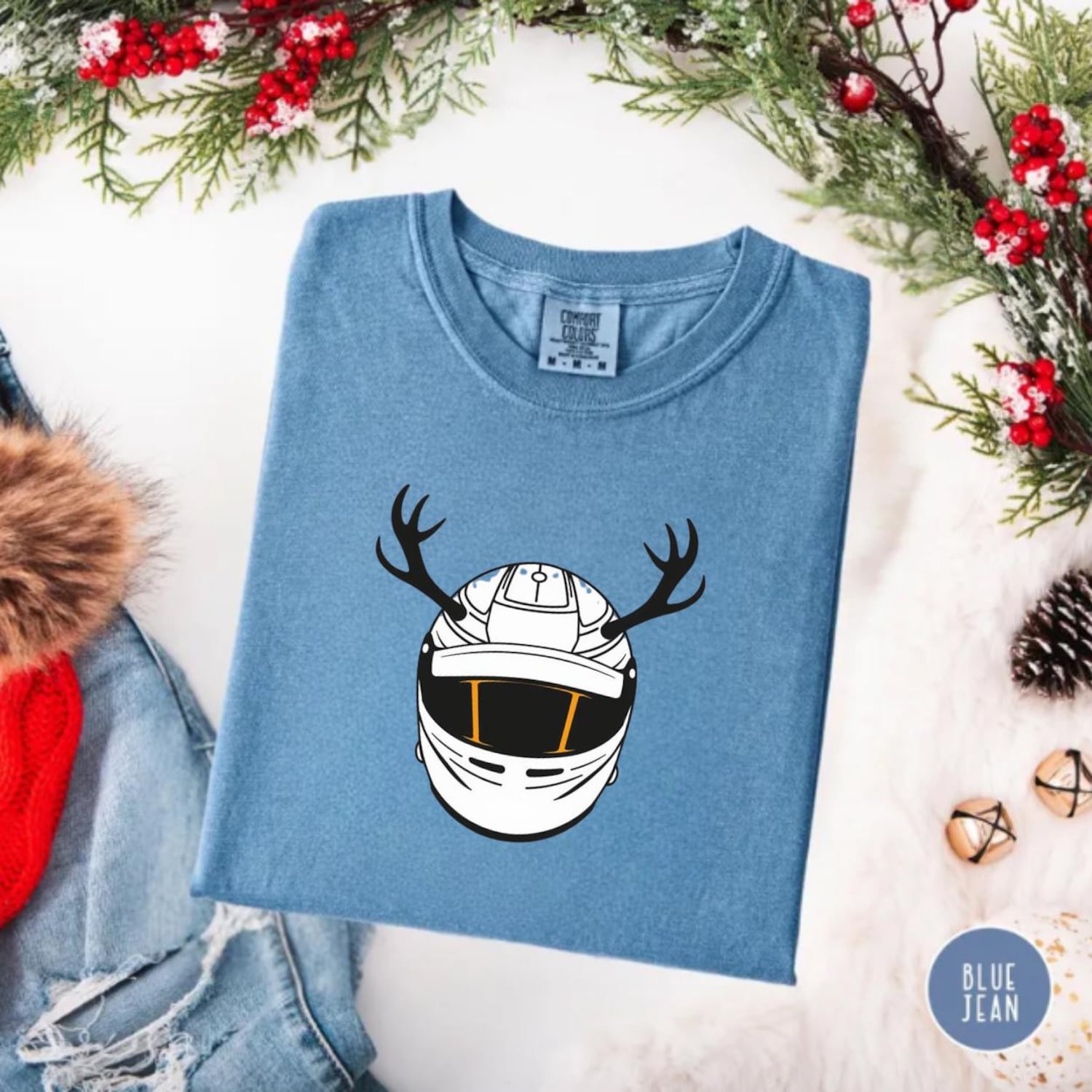 Racing Christmas Helmet Tee, Reindeer Antler Moto Shirt, Holiday Race Fan Gift