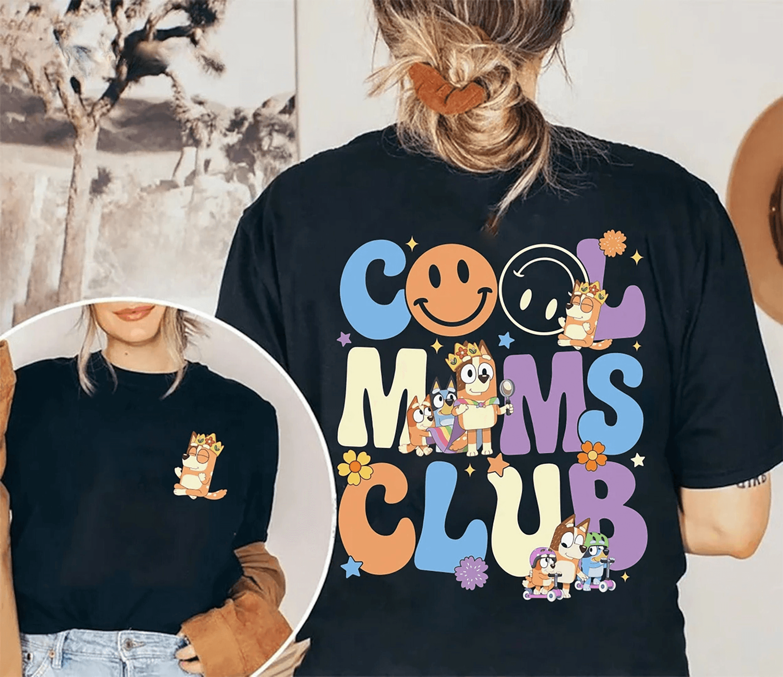 a woman wearing a t - shirt that says cool moms club