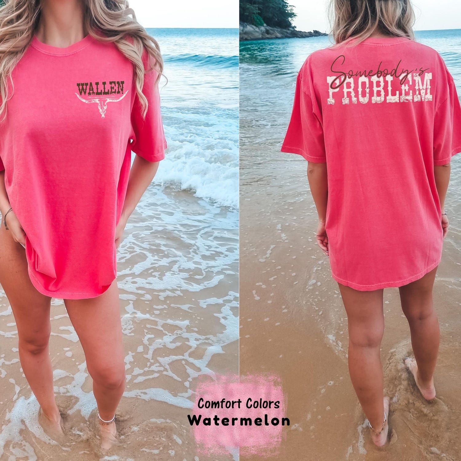 Somebody's Problem Bull Skull Tee: Double Sided Country Concert Shirt'4307896904