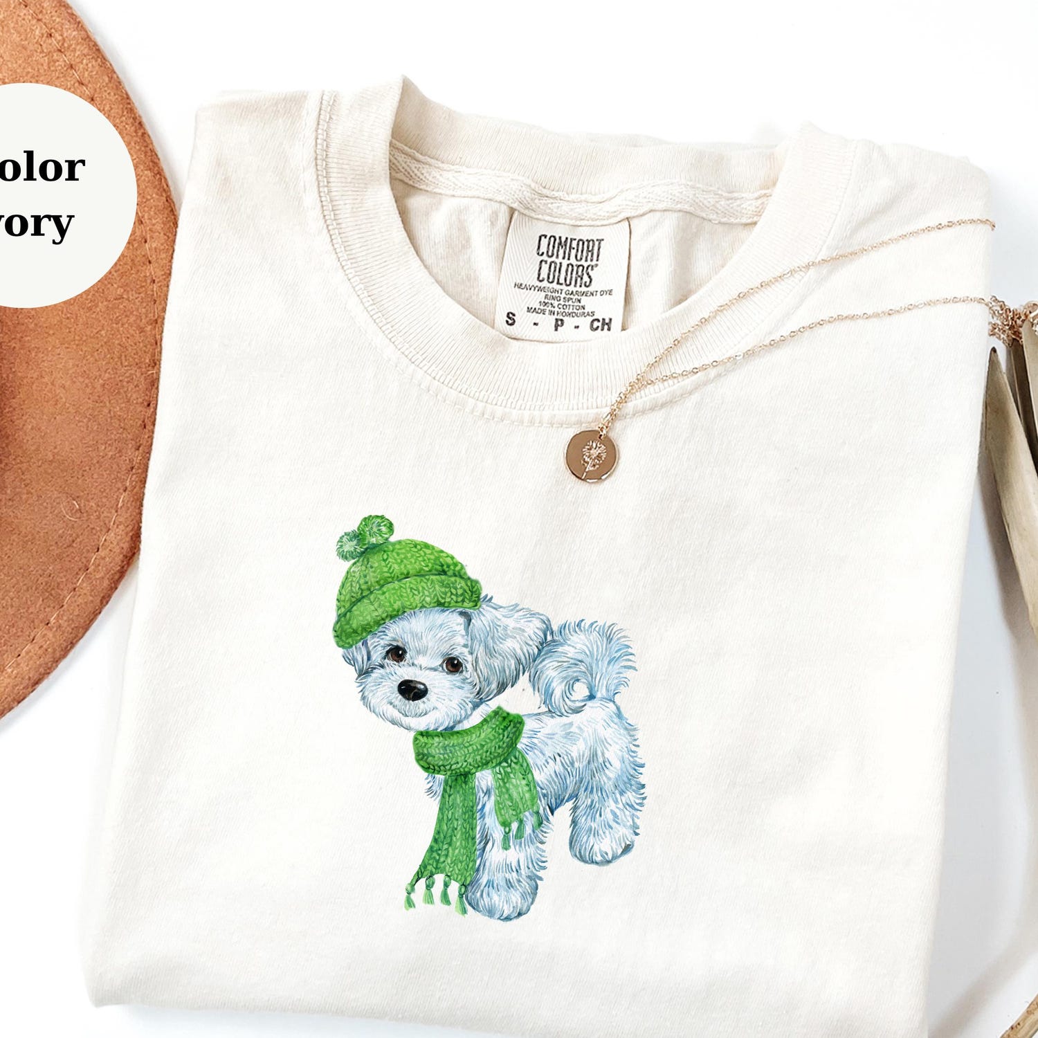 Cute Winter Puppy T-Shirt, Dog With Hat and Scarf Tee