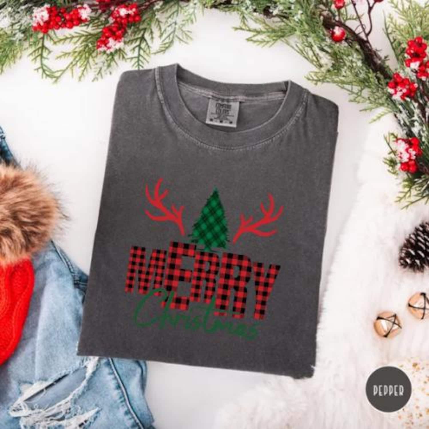 Buffalo Plaid Merry Christmas Shirt, Reindeer Antler Tree Tee, Retro Xmas Graphic T-Shirt, Holiday Gift Top, Unisex Winter Outfit