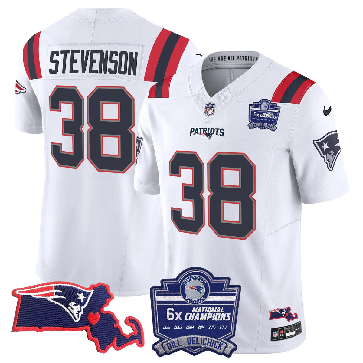 N.E Patriots #38 Rhamondre Stevenson Bill Belichick 6x Champions & State Patch Fan Jersey - White