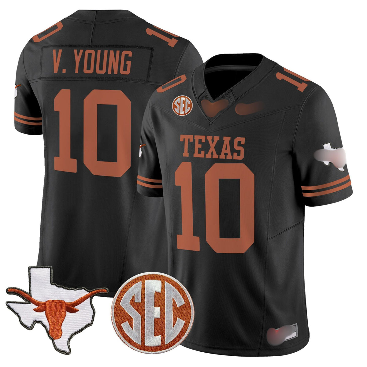T.Longhorns #10 Vince Young 2025 State Map & SEC Patch Fan Jersey