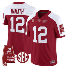 A. Crimson Tide #12 Joe Namath 2025 Roll Tide & Sec Patch Fan Jersey - Crimson Alternate