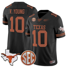 T.Longhorns #10 Vince Young 2025 State Map & SEC Patch Fan Jersey