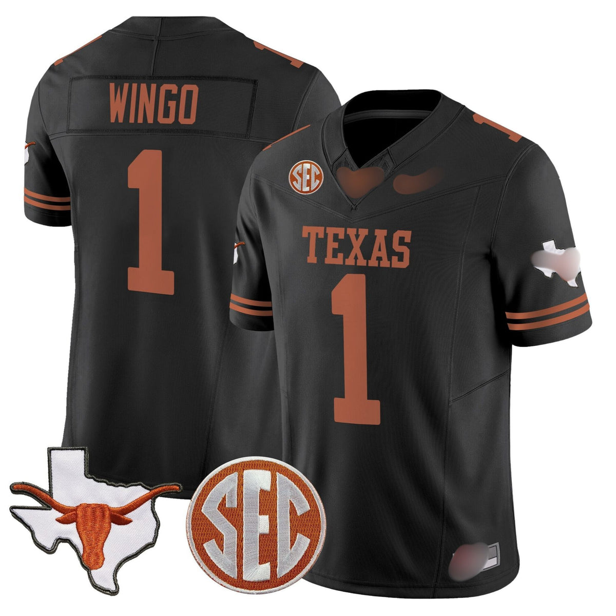 T.Longhorns #1 Ryan Wingo 2025 State Map & SEC Patch Fan Jersey
