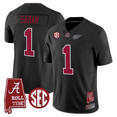 A. Crimson Tide #1 Nick Saban 2025 Roll Tide & Sec Patch Fan Jersey - Black